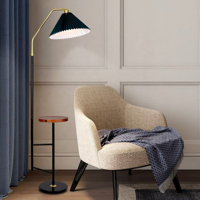 Nodirc Fabric Shade Floor Light Black Powder Coated Wood Study Table Floor Lamp for Bedroom Living Room