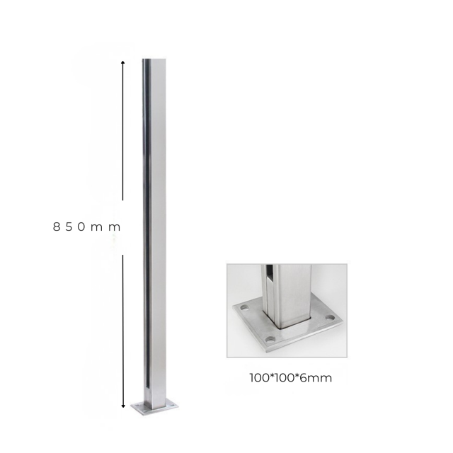 Square Tube Glass Railing Post with Base Plate