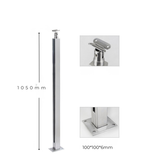 Square Tube Glass Railing Post with Base Plate