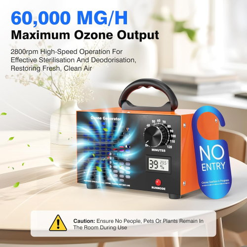 Ozone Generator - 60000 mg/h Ozone Generator for Large Spaces up to 320㎡, Air Purifier with Temperature & Humidity Display, 120-Min Timer, Eliminate Odours in Cars, Homes, Hotels, Kitchens & Pet Areas