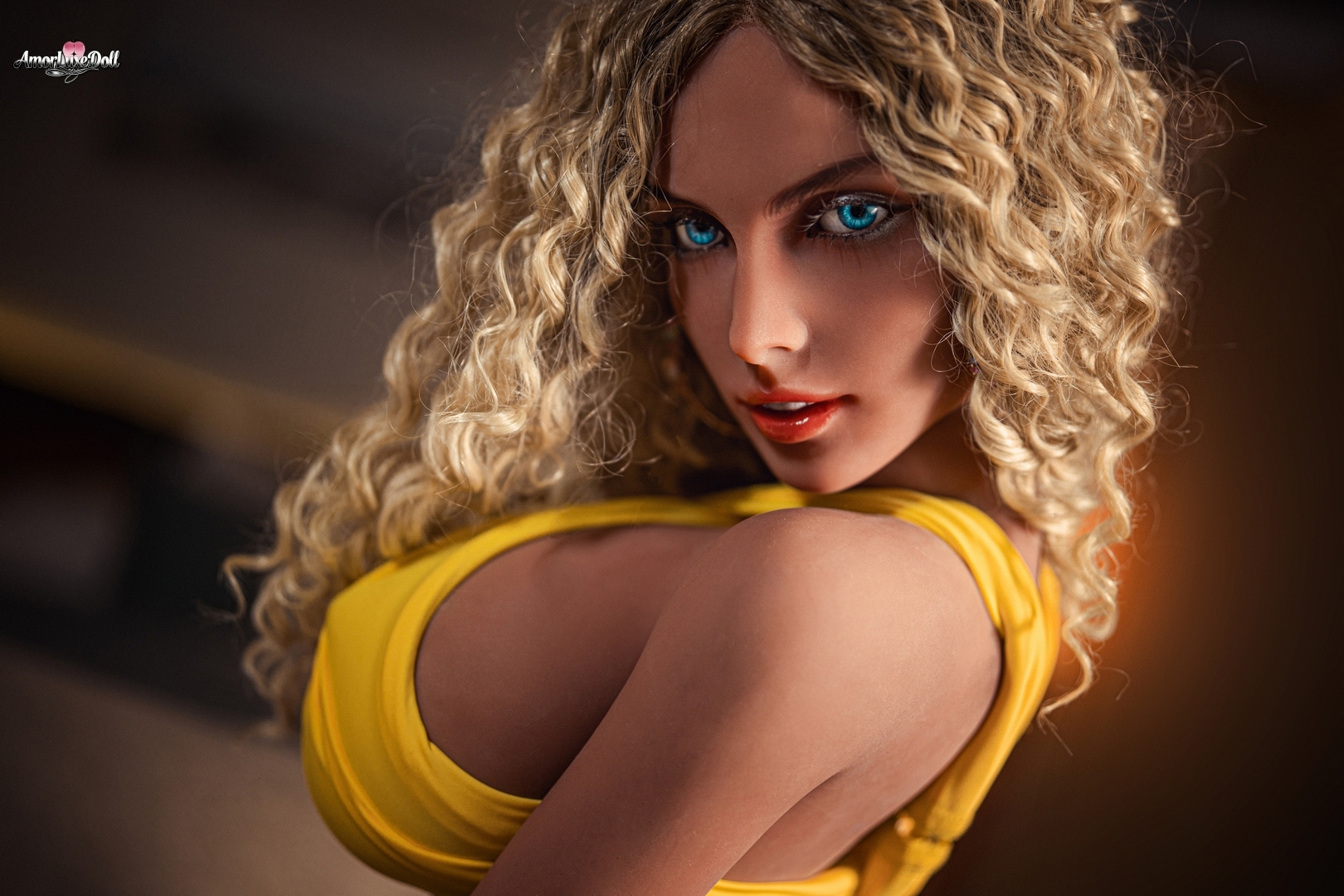 Penelope 158cm full size TPE doll wearing a yellow top and denim skirt
