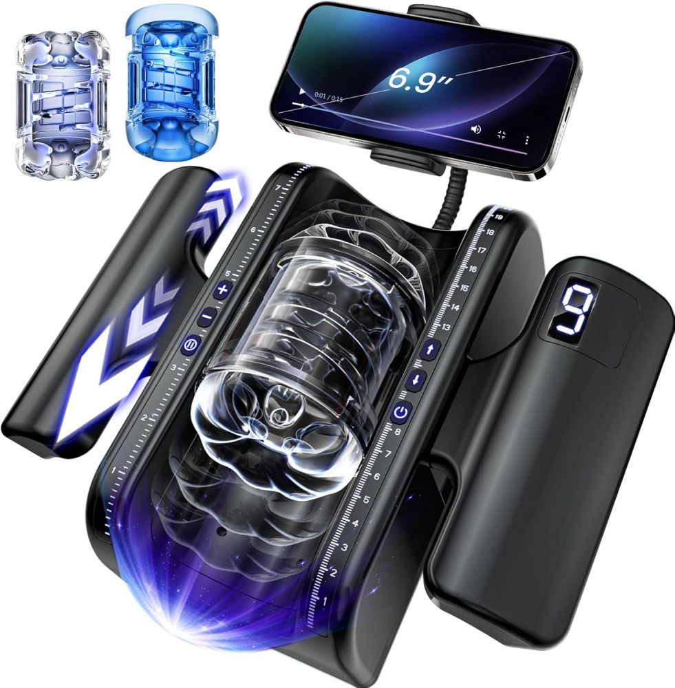 Male Masturbator Sex Toys for Men - EINSEO Pocket Pussy Adult Toys with 7.8in Adjustable Thrusting Length & 9 Speeds, LCD Male Sex Toy Hands Free Masturbators with 2 Sleeves & Phone Stand Male Stroker