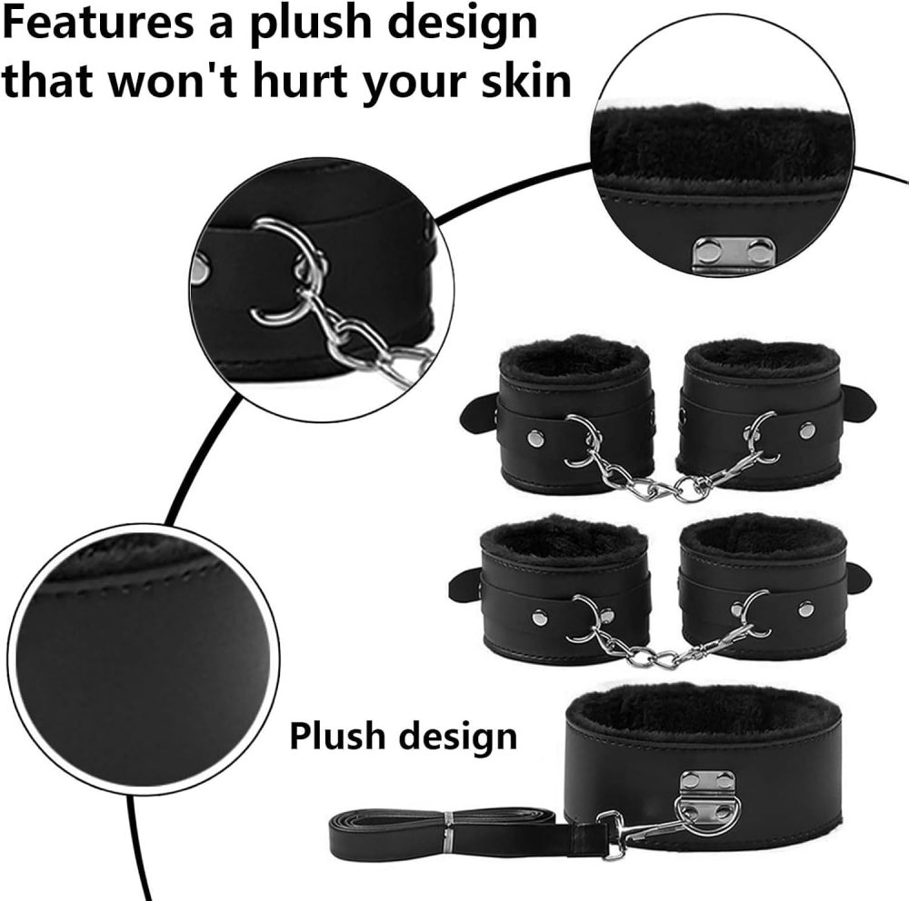 7-PCS BDSM Kit - Sex Bondage Set with Handcuffs Complete Black Bondage Set with Adjustable Cuffs, Collar, Blindfold, Gag, Whip & Ropes for Couples