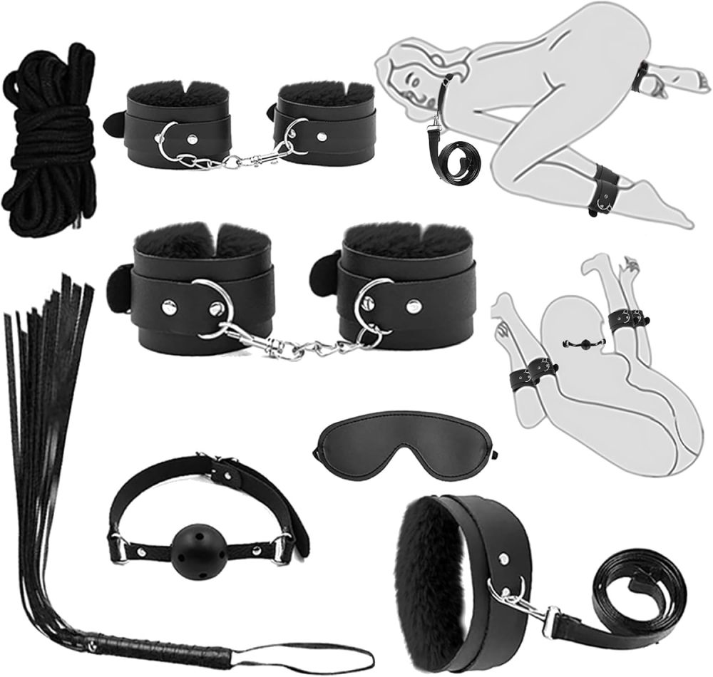7-PCS BDSM Kit - Sex Bondage Set with Handcuffs Complete Black Bondage Set with Adjustable Cuffs, Collar, Blindfold, Gag, Whip & Ropes for Couples