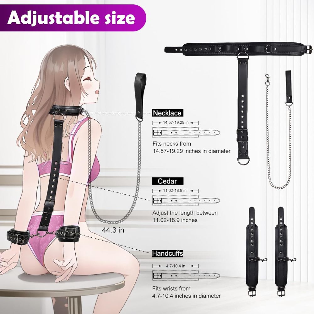 Neck to Wrist Restraints Bondage Set - Behind Back Handcuffs Collar with Blindfold Adjustable Bondage Set Bed SM Games Play Sex Toys for Couples S&M Whips