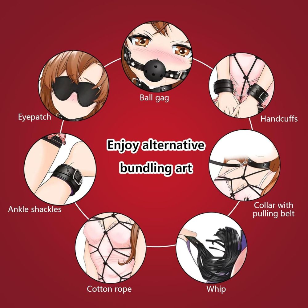 7-PCS BDSM Kit - Sex Bondage Set with Handcuffs Complete Black Bondage Set with Adjustable Cuffs, Collar, Blindfold, Gag, Whip & Ropes for Couples