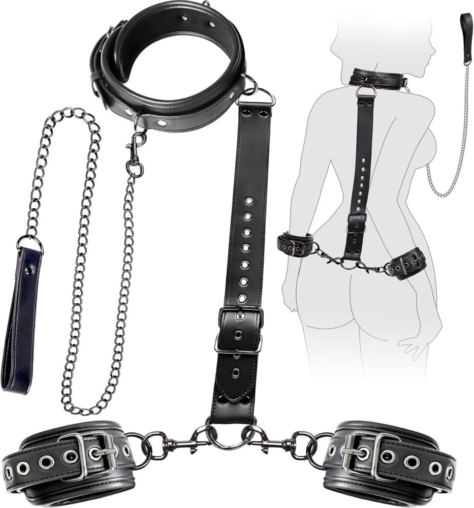Neck to Wrist Restraints Bondage Set - Behind Back Handcuffs Collar with Blindfold Adjustable Bondage Set Bed SM Games Play Sex Toys for Couples S&M Whips
