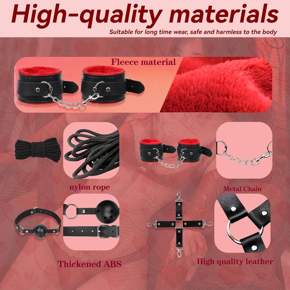 10 PCS Sex Bondage BDSM Kits Restraints, Fetish Handcuffs Ankle Cuff Collar Blindfold Whip Rope Nipple Clamps Paddle Anal Toys Ball Gag Adult Games Foreplay Sexy Toys for Couples