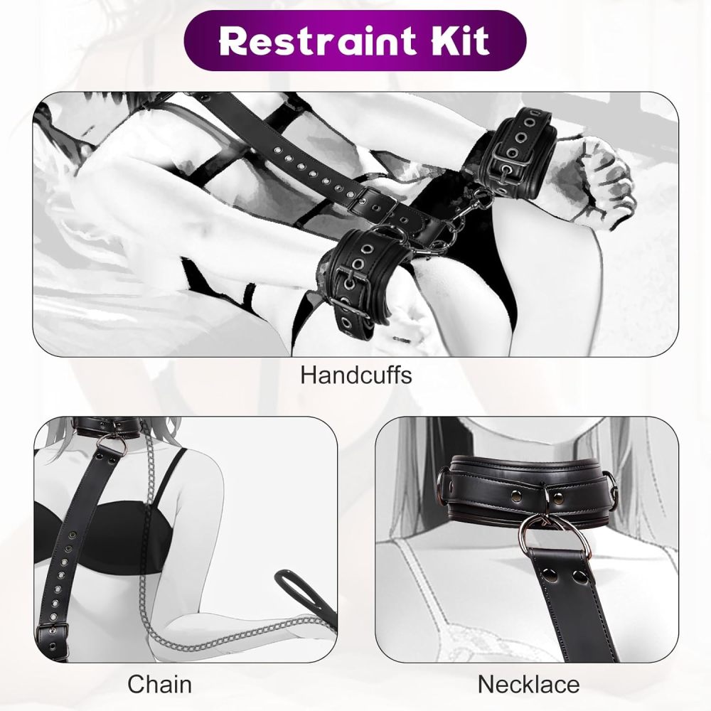 Neck to Wrist Restraints Bondage Set - Behind Back Handcuffs Collar with Blindfold Adjustable Bondage Set Bed SM Games Play Sex Toys for Couples S&M Whips