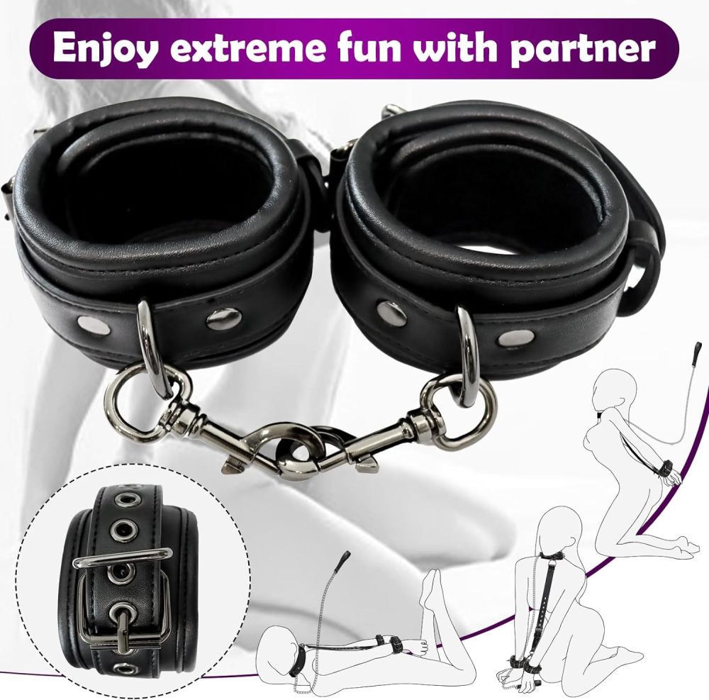 Neck to Wrist Restraints Bondage Set - Behind Back Handcuffs Collar with Blindfold Adjustable Bondage Set Bed SM Games Play Sex Toys for Couples S&M Whips