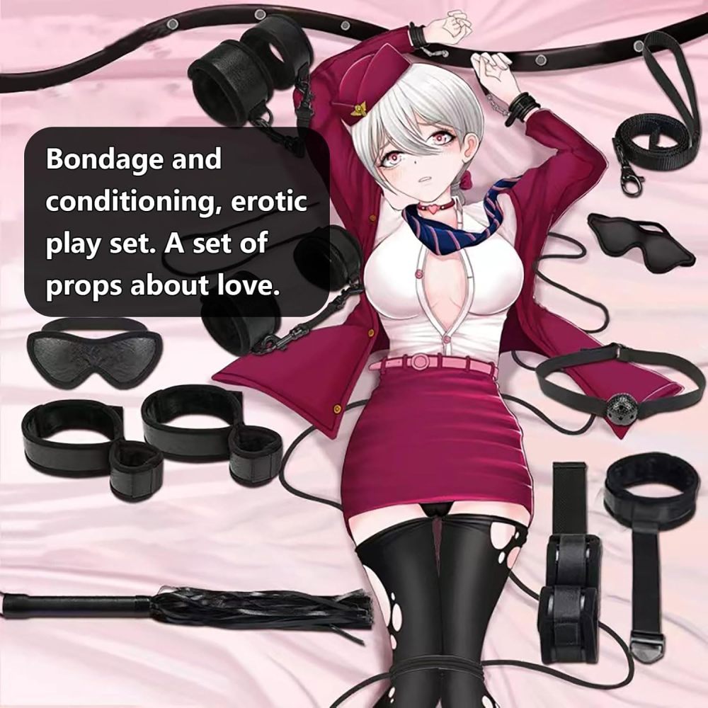 7-PCS BDSM Kit - Sex Bondage Set with Handcuffs Complete Black Bondage Set with Adjustable Cuffs, Collar, Blindfold, Gag, Whip & Ropes for Couples