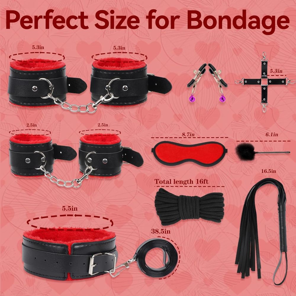 10 PCS Sex Bondage BDSM Kits Restraints, Fetish Handcuffs Ankle Cuff Collar Blindfold Whip Rope Nipple Clamps Paddle Anal Toys Ball Gag Adult Games Foreplay Sexy Toys for Couples