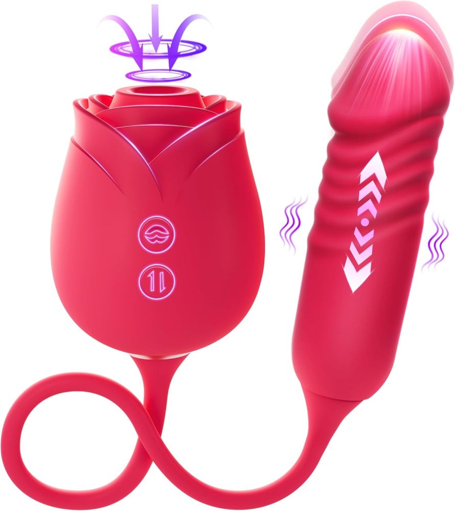 Rose Sex Toy with Thrusting G Spot Vibrators & 10 Sucking Modes for Clitoral Nipple Stimulation Anal Double-Ended Dildos Adult Sex Toys Games for Couples