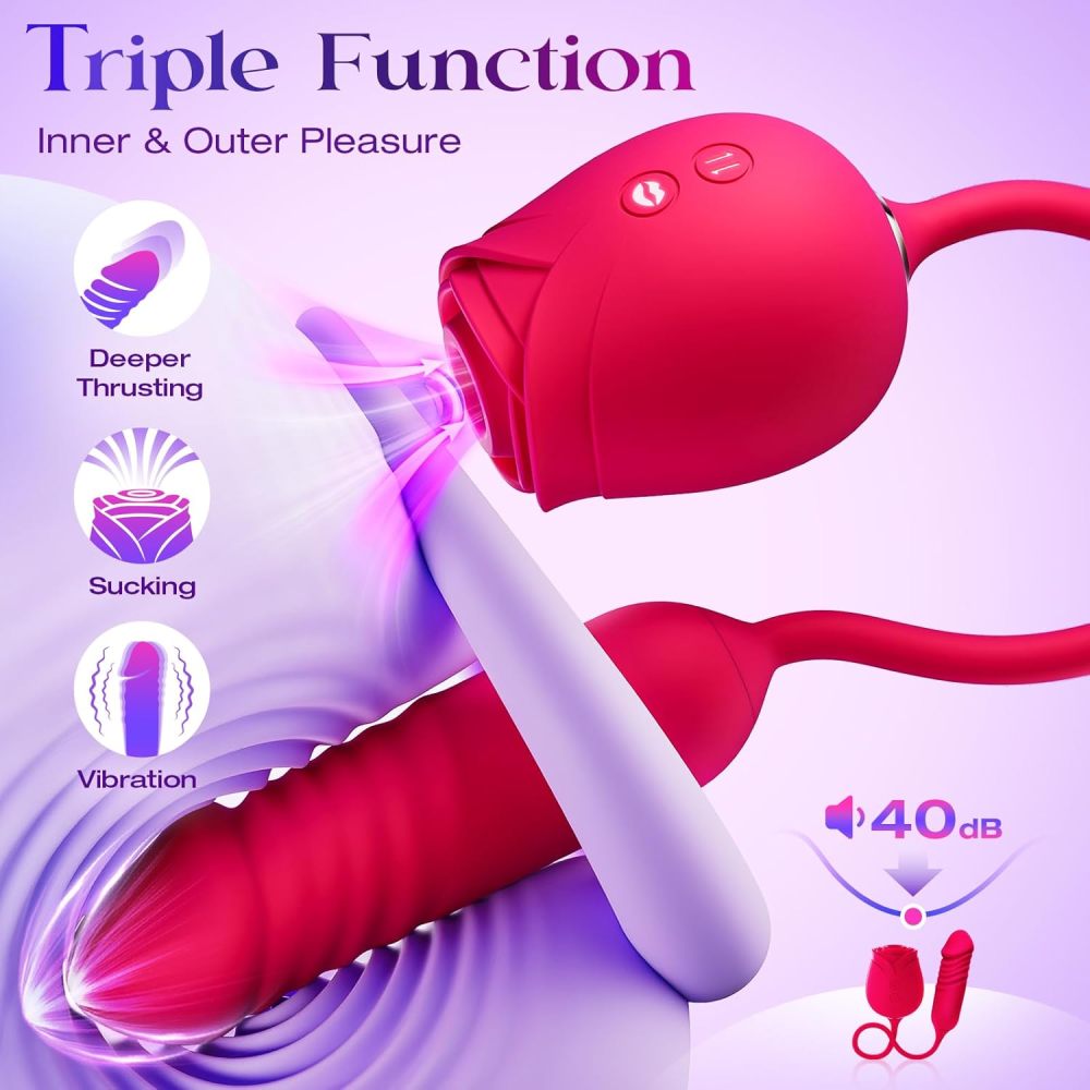 Rose Sex Toy with Thrusting G Spot Vibrators & 10 Sucking Modes for Clitoral Nipple Stimulation Anal Double-Ended Dildos Adult Sex Toys Games for Couples