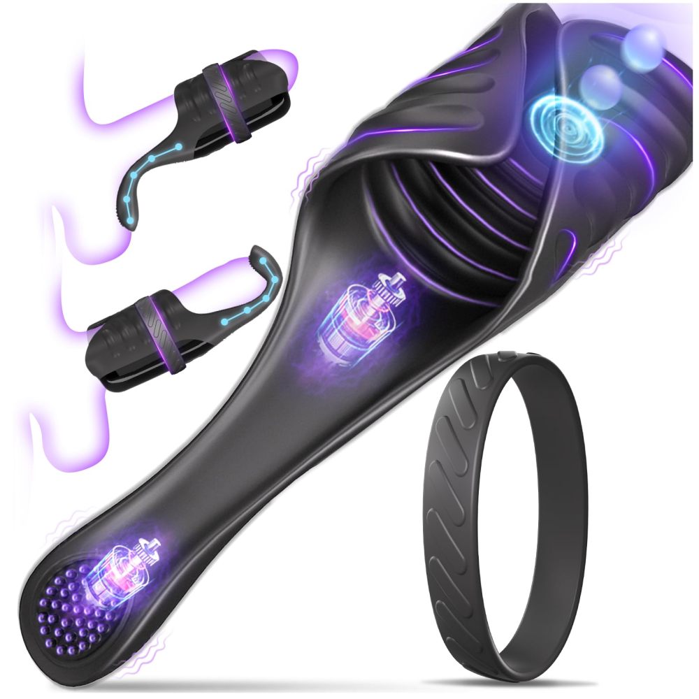 Tapping Vibrating Male Masturbator with Bend-to-Fit Testicle Vibrator, Hands Free Penis Vibrator Stroker Trainer with Cock Ring, Adult Sex Toys for Men, Mens Vibrating Blowjob Sex Machine Masturbation