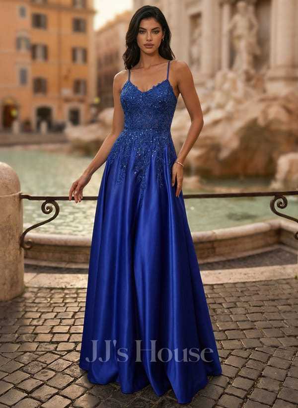 JJ's House Janette V-Neck Spaghetti Straps Sequins Satin Dress