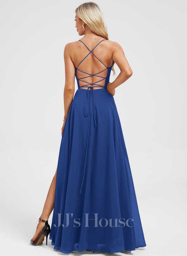 JJ's House Euridice Dark Navy V-Neck Pleated Chiffon Dress