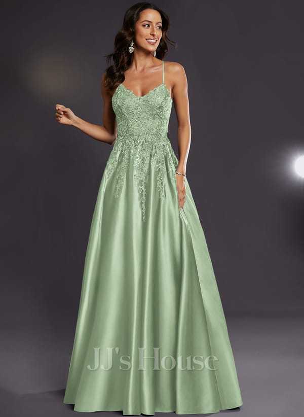 JJ's House Janette V-Neck Spaghetti Straps Sequins Satin Dress