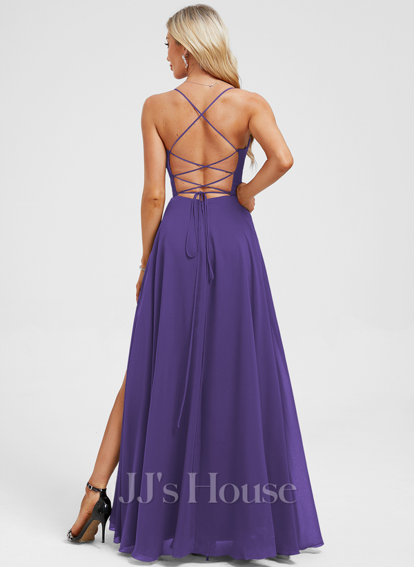 JJ's House Euridice Dark Navy V-Neck Pleated Chiffon Dress
