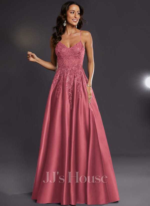 JJ's House Janette V-Neck Spaghetti Straps Sequins Satin Dress