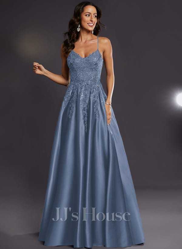 JJ's House Janette V-Neck Spaghetti Straps Sequins Satin Dress
