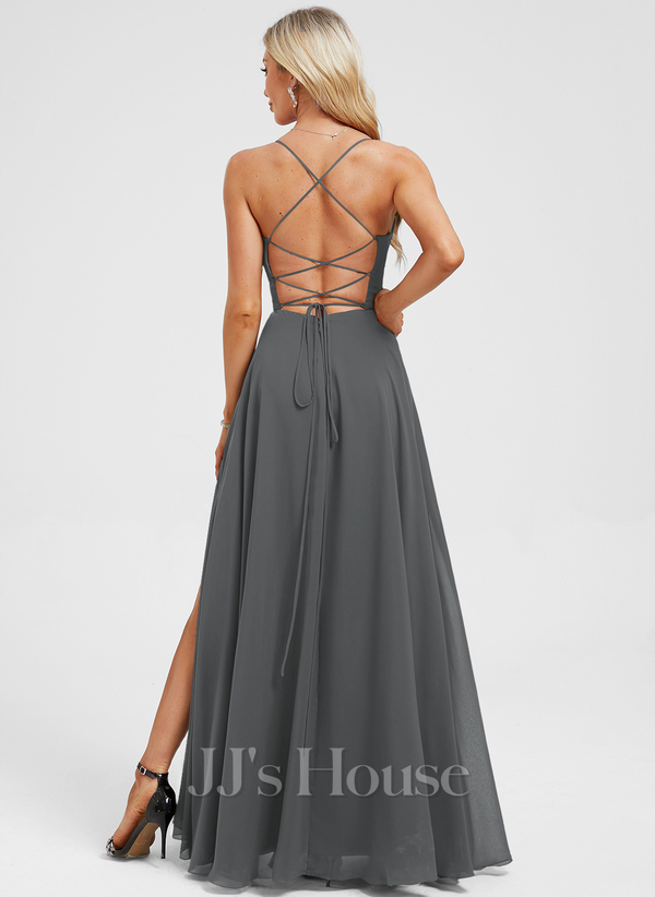 JJ's House Euridice Dark Navy V-Neck Pleated Chiffon Dress
