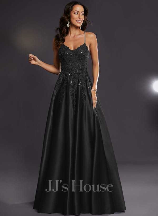 JJ's House Janette V-Neck Spaghetti Straps Sequins Satin Dress