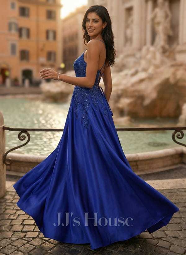 JJ's House Janette V-Neck Spaghetti Straps Sequins Satin Dress