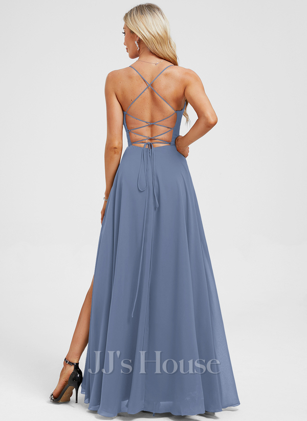 JJ's House Euridice Dark Navy V-Neck Pleated Chiffon Dress