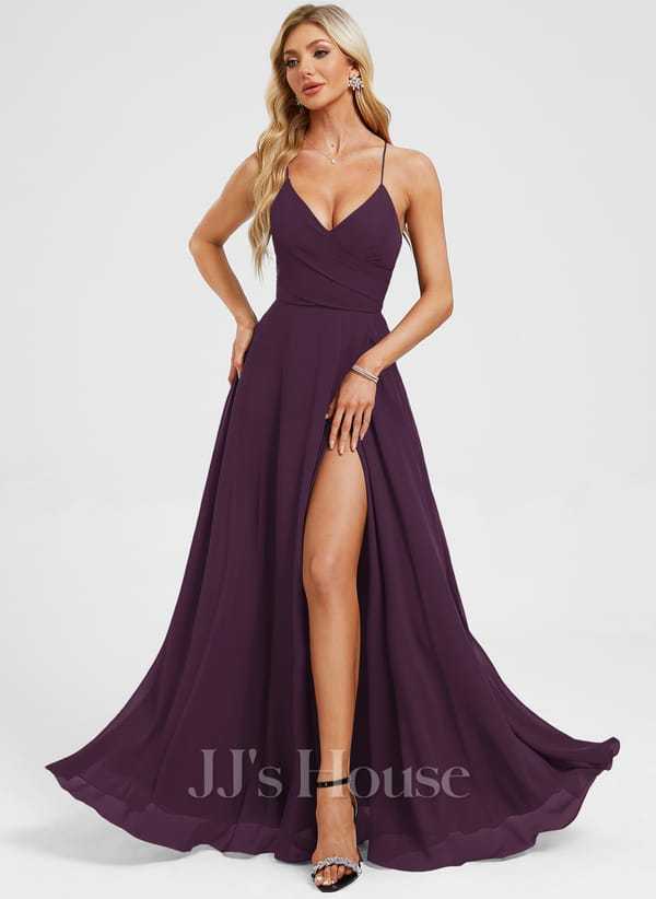 JJ's House Euridice Dark Navy V-Neck Pleated Chiffon Dress