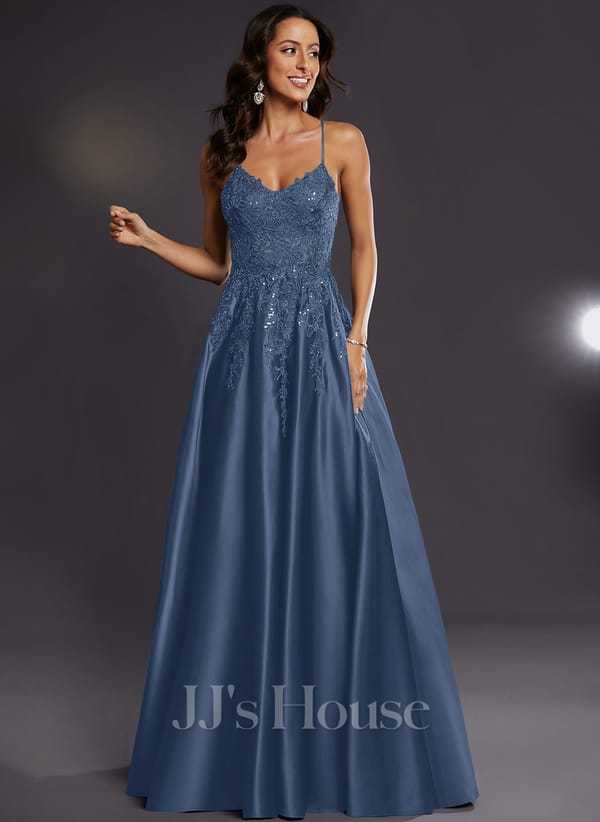 JJ's House Janette V-Neck Spaghetti Straps Sequins Satin Dress