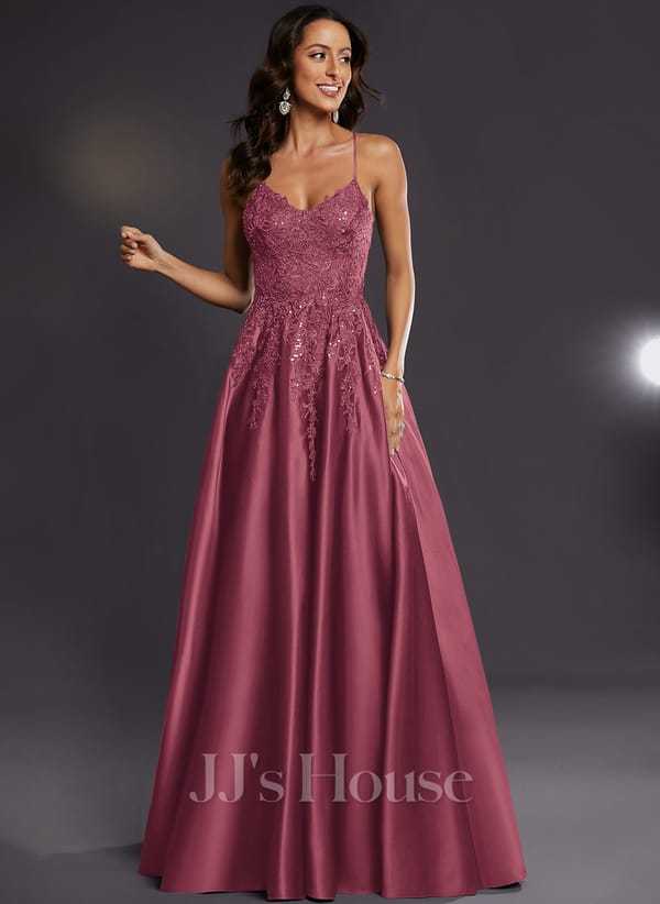JJ's House Janette V-Neck Spaghetti Straps Sequins Satin Dress