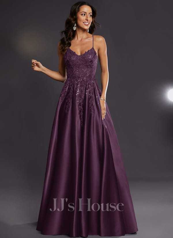 JJ's House Janette V-Neck Spaghetti Straps Sequins Satin Dress