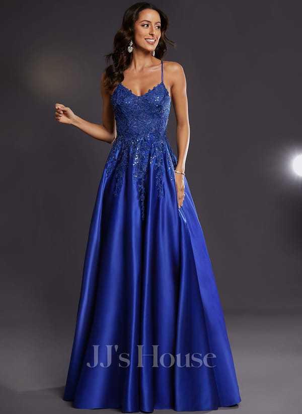 JJ's House Janette V-Neck Spaghetti Straps Sequins Satin Dress
