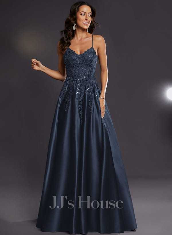 JJ's House Janette V-Neck Spaghetti Straps Sequins Satin Dress