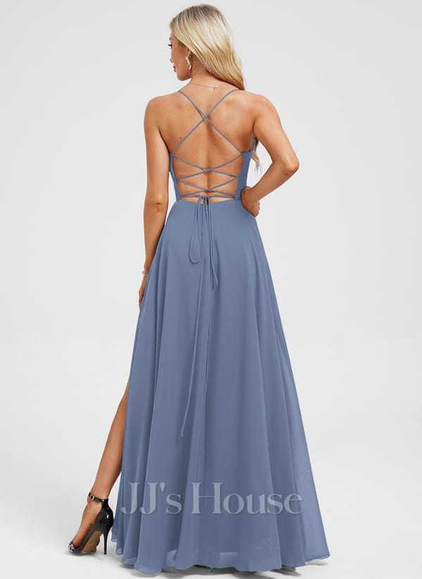 JJ's House Euridice Dark Navy V-Neck Pleated Chiffon Dress