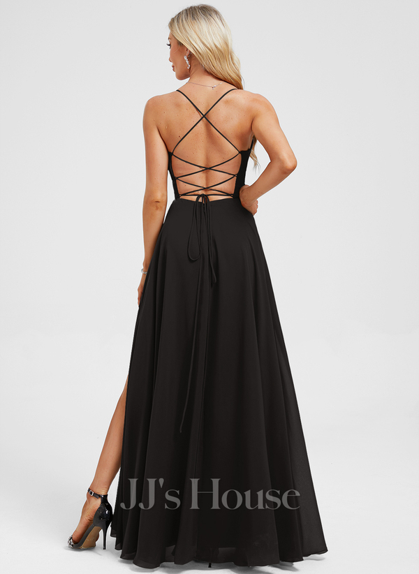 JJ's House Euridice Dark Navy V-Neck Pleated Chiffon Dress