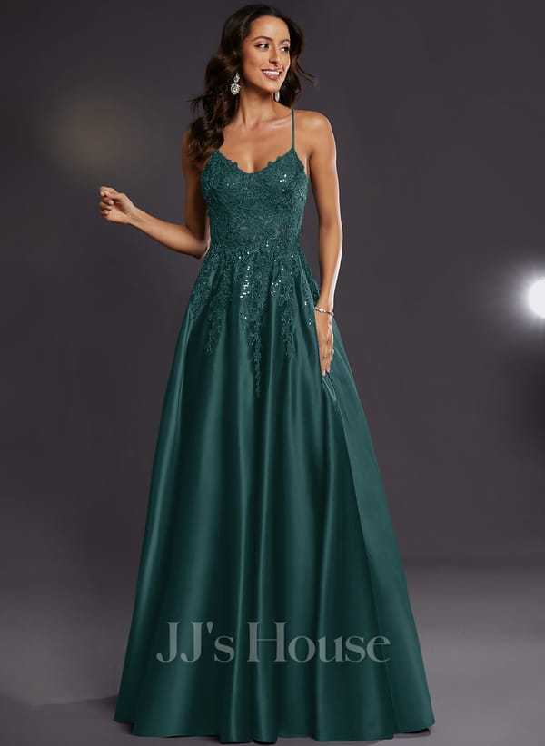 JJ's House Janette V-Neck Spaghetti Straps Sequins Satin Dress