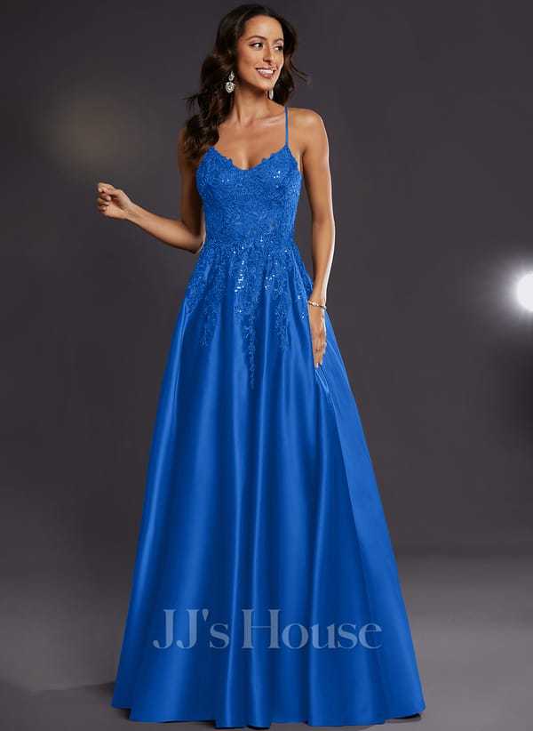 JJ's House Janette V-Neck Spaghetti Straps Sequins Satin Dress