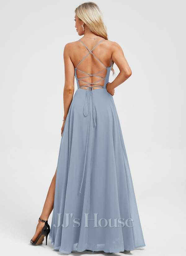 JJ's House Euridice Dark Navy V-Neck Pleated Chiffon Dress