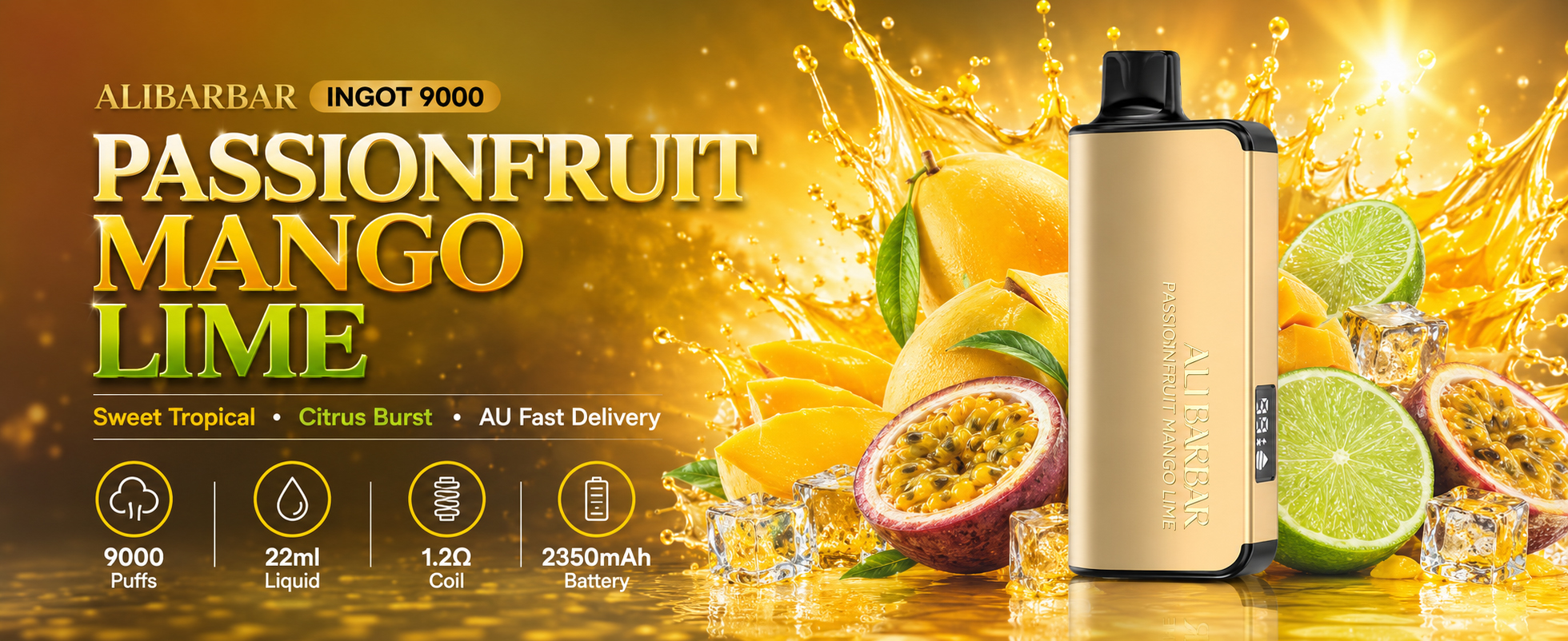Passionfruit Mango Lime Vape Australia | ALIBARBAR Ingot 9000 Puffs Banner