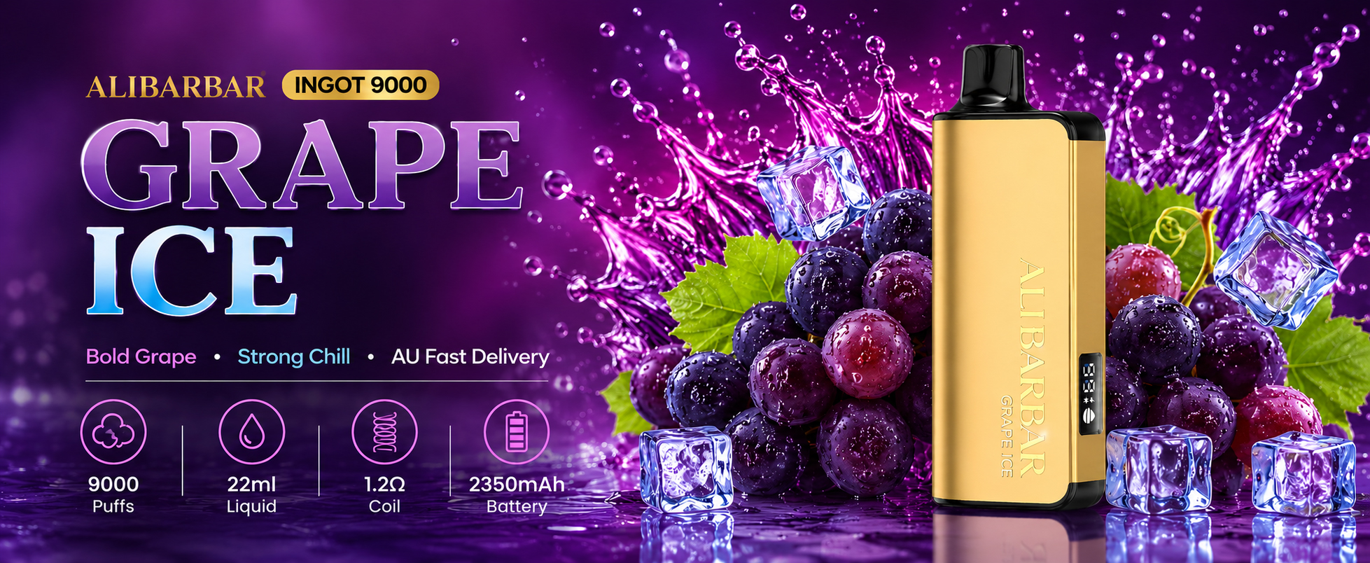 Grape Ice Vape ALIBARBAR Ingot 9000 banner bold grape ice disposable vape Australia