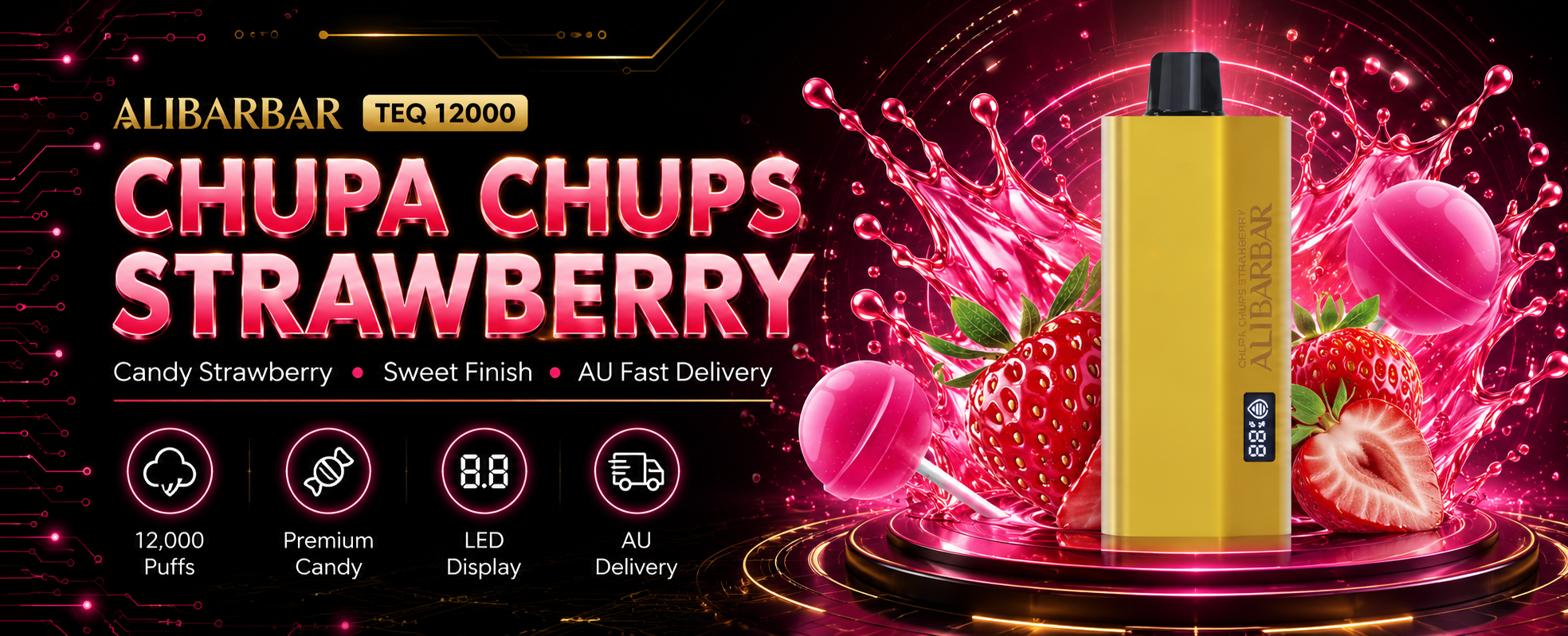 Chupa Chups Strawberry Vape Australia | ALIBARBAR TEQ 12000 Puffs Premium Candy Strawberry