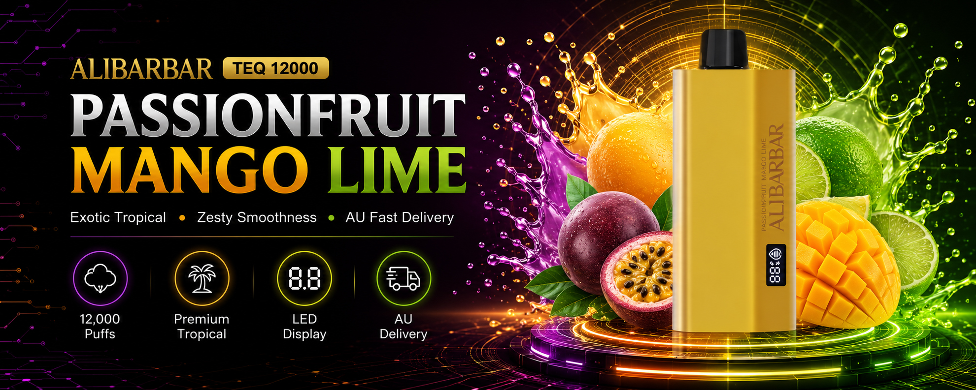 Passionfruit Mango Lime Vape Australia | Alibarbar TEQ 12000 Puffs Premium Tropical Blend