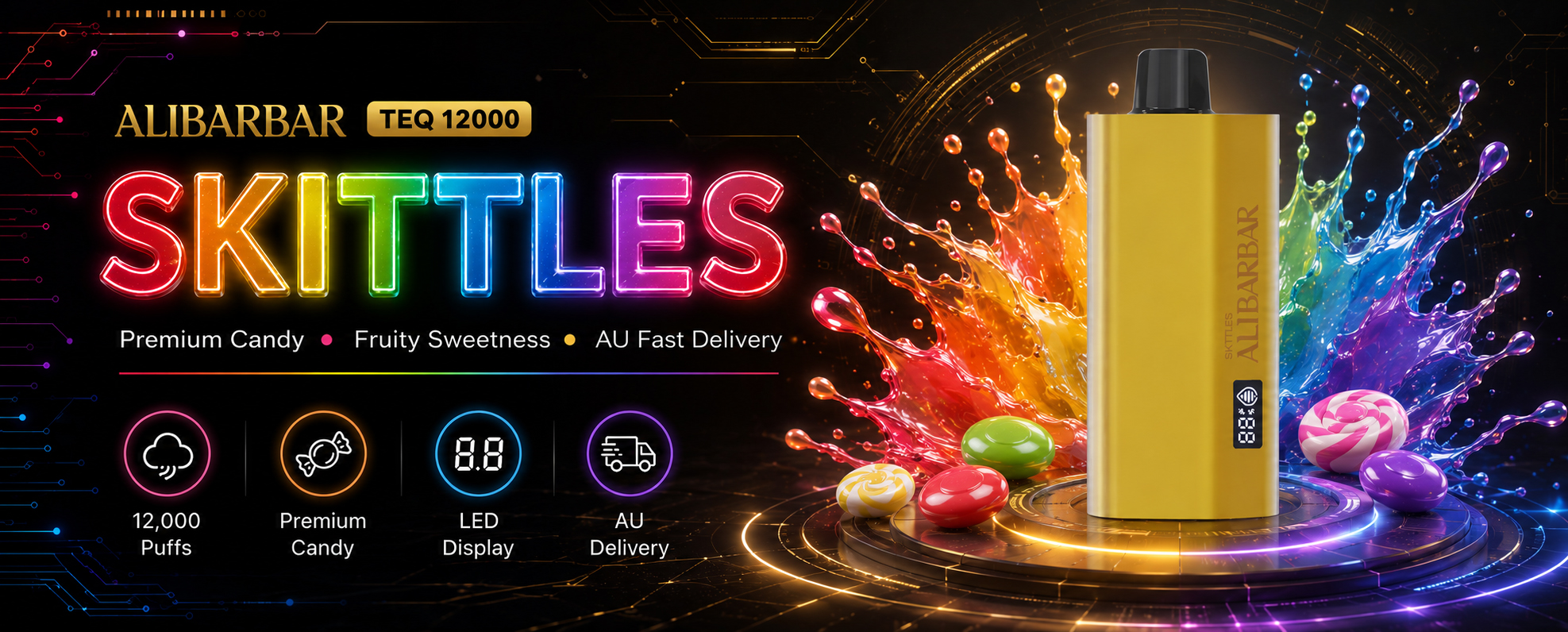 Skittles Vape Australia | ALIBARBAR TEQ 12000 Puffs Premium Candy Disposable Vape