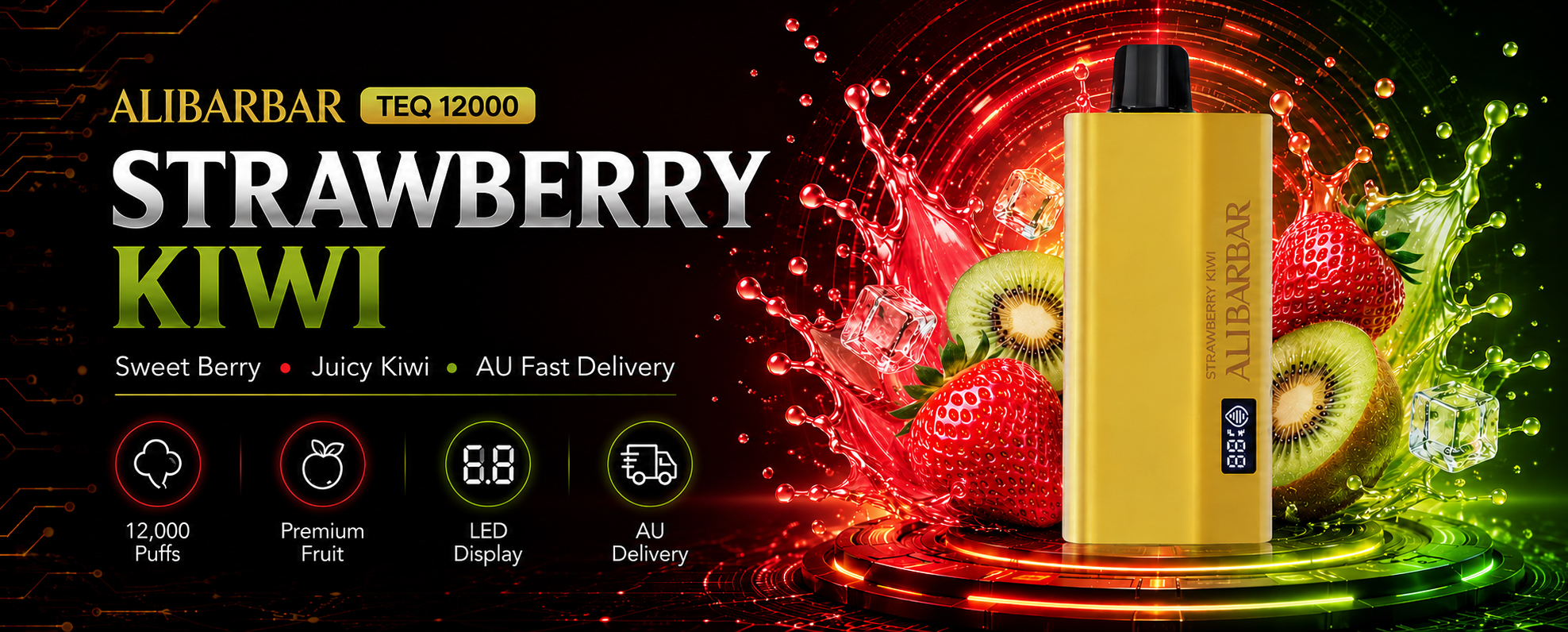 Strawberry Kiwi Vape Australia | Alibarbar TEQ 12000 Puffs Premium Strawberry Kiwi