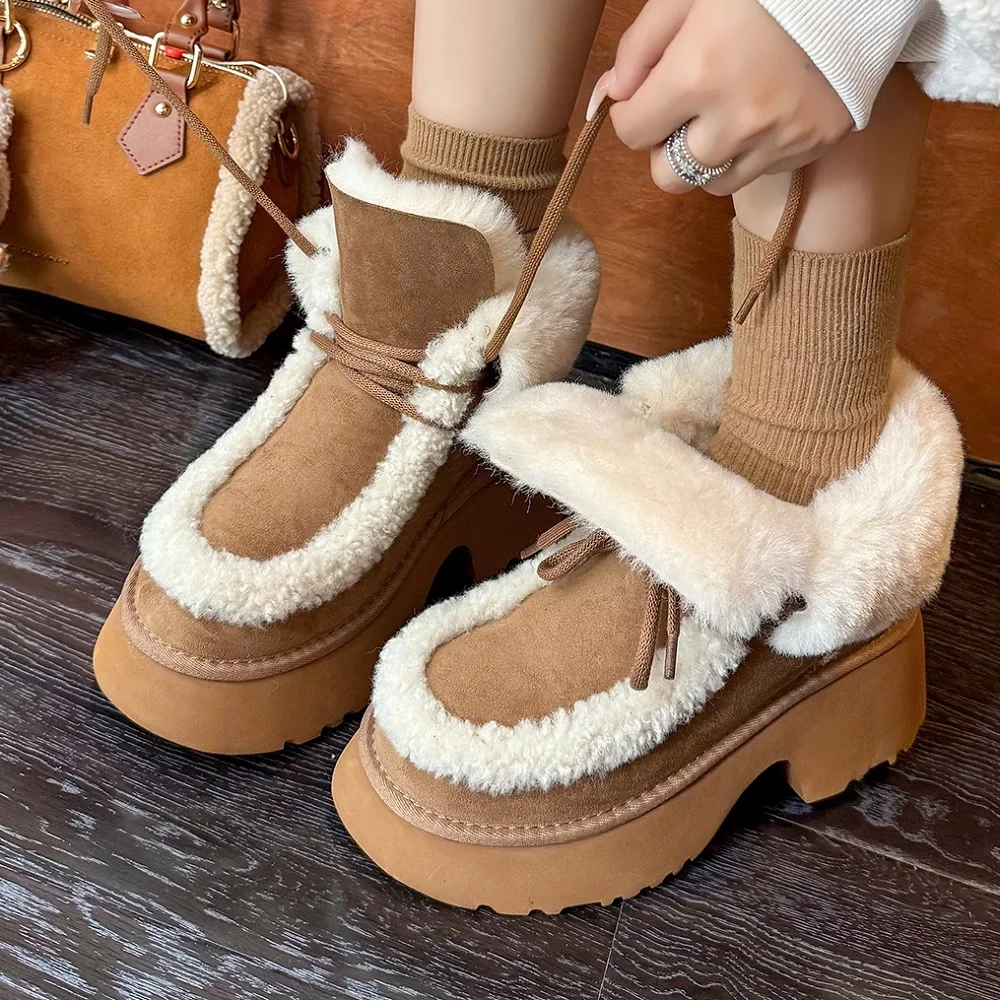 Winter New 7CM Square Heel Plus Size 42 Lace-Up Minimalist Casual Warm Fleece-Lined Round Toe Versatile Women's Snow Boots 51122