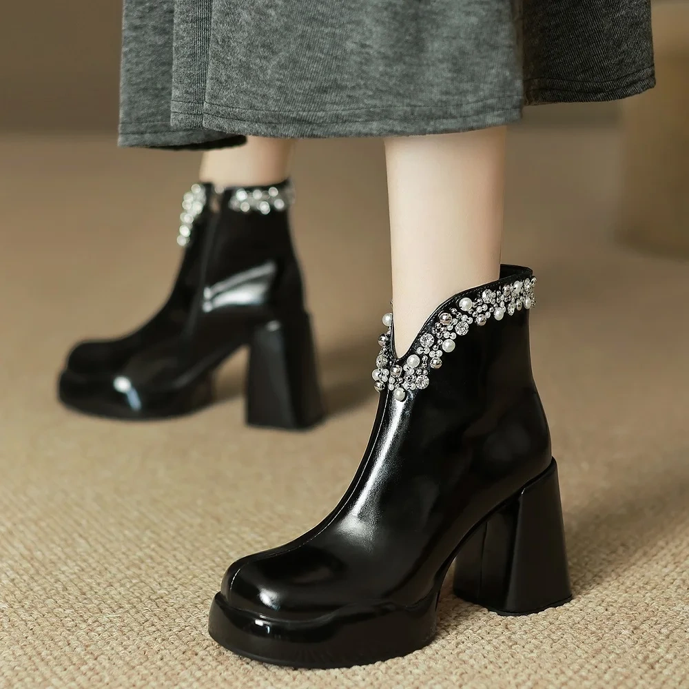 Fall Spring 10 CM Block Heel Women Genuine Leather Fashion V-Cut Zipper Pearl Crystals Winter Plush Slim-Fit Ankle Boots 51129