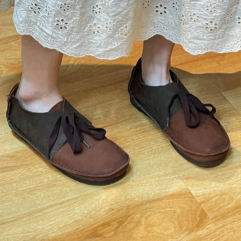 Spring Autumn Woman Genuine Leather Lace Up Smatched Colors Flat Single Shoes Lady Leisure Fashion Simple Round Toe Flats 220917