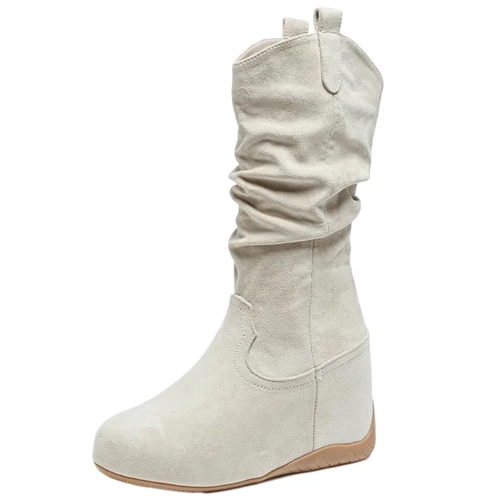 2025 New Women's Suede Leather Round Toe 10CM Hidden Heel Slim-Fit Fall Winter Versatile Casual Side Zipper Ruched Boots 51126
